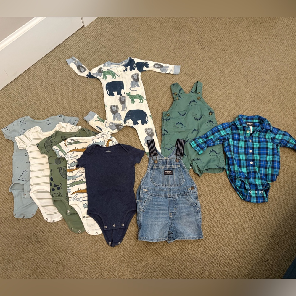 Lot of 12m Baby Boy Clothes - Onesies, Pajamas & Overalls